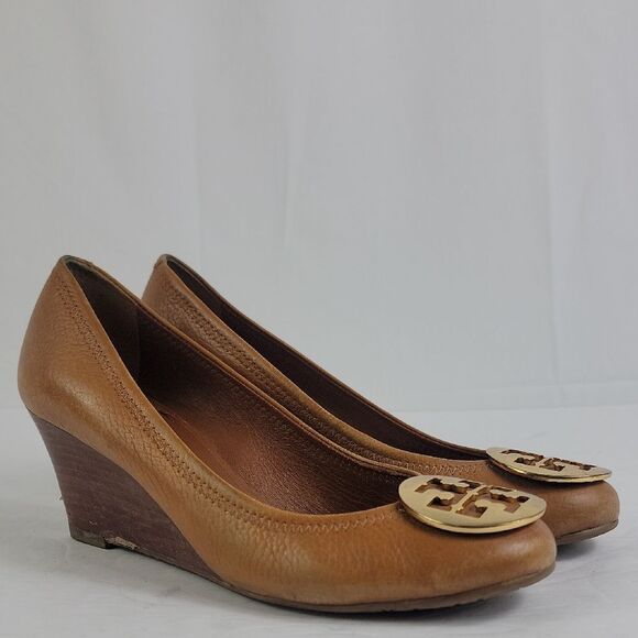 Tory Burch Julianne Leather Peep Toe Wedge Pumps - Picture 1 of 10